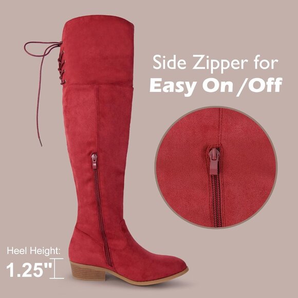 Women's Red Faux Suede Thigh High Over The Knee Black Low Flat Heel Boots - Picture 5 of 7